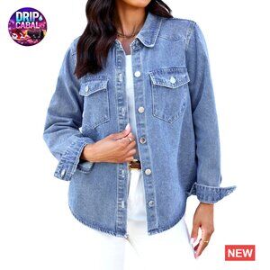 Distressed Denim Jacket Oversized Vintage Trucker Shacket Button Down